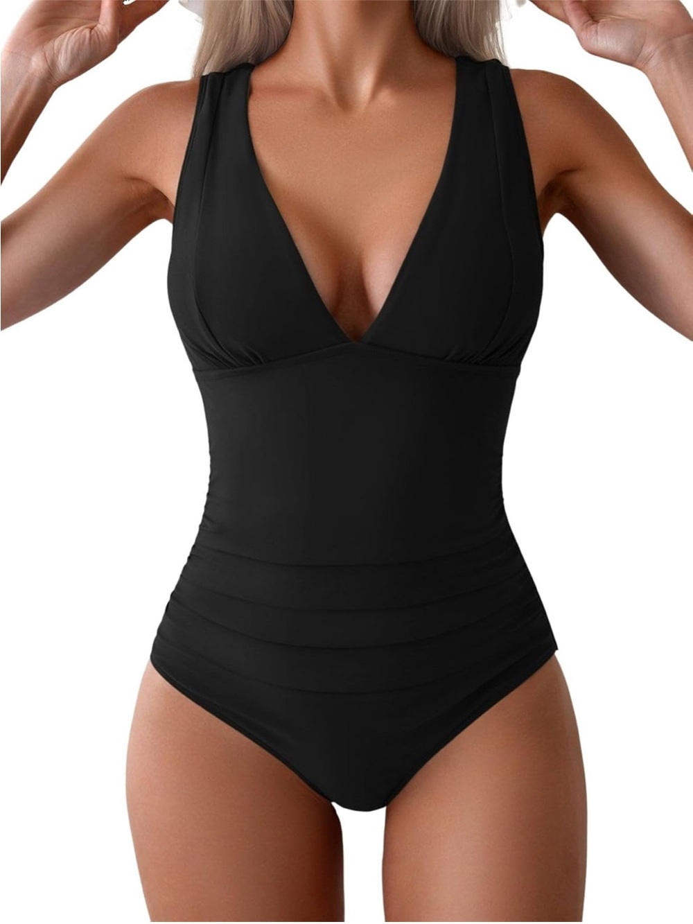 Plunge V-Neck Black One-Piece Swimsuit - Women